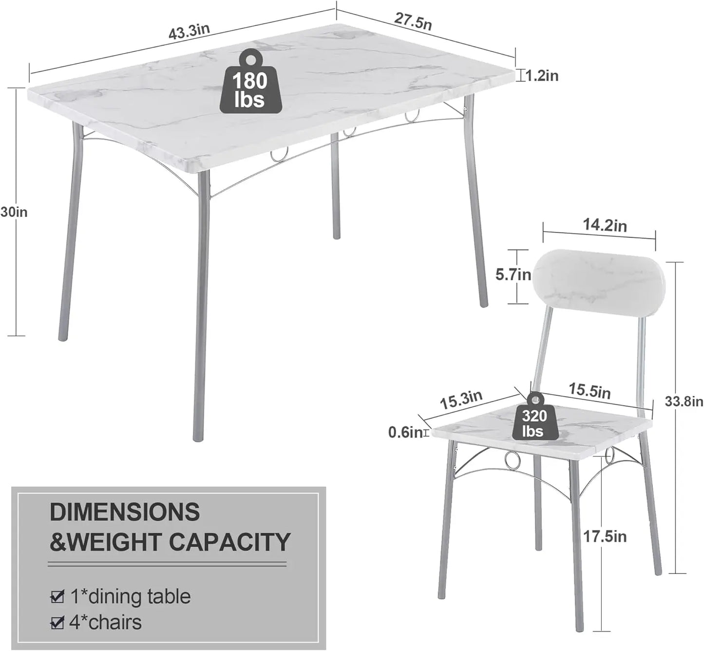 Dining Table Set for 4 5 Piece Dinette with Chairs for Kitchen, Breakfast Nook and Small Space, 43.3", White