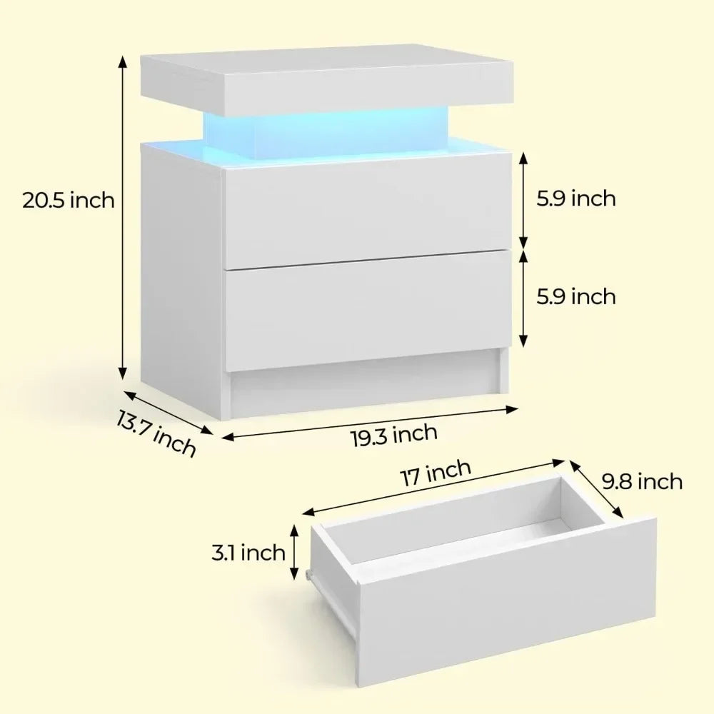 LED Nightstands with 2 Drawers, End Table with RGB LED Lights for Bedroom Living Room, White Bedside Table