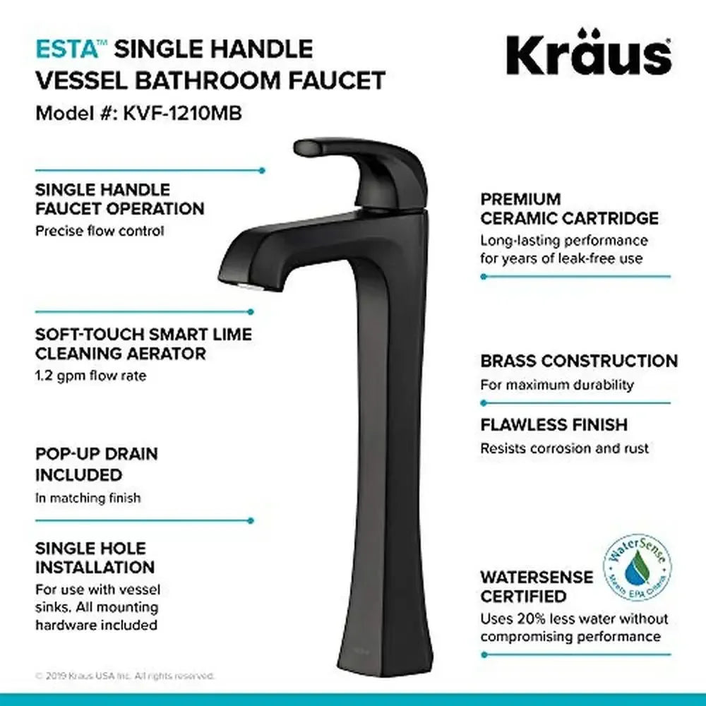 Single Handle Vessel Bathroom Faucet Brass Construction Pop-Up Drain Eco-Friendly Matte Black High Performance Aerator