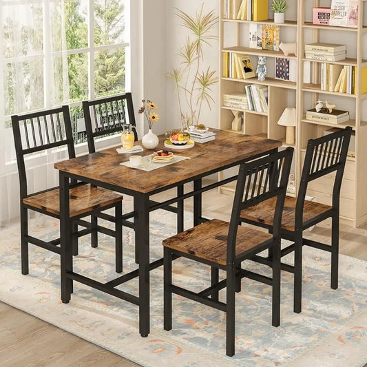 47.2 Inch 4 Person Dining Table Set, Industrial Table Set with 4 Curved Chairs, 5 Piece Restaurant Rectangular Table Set