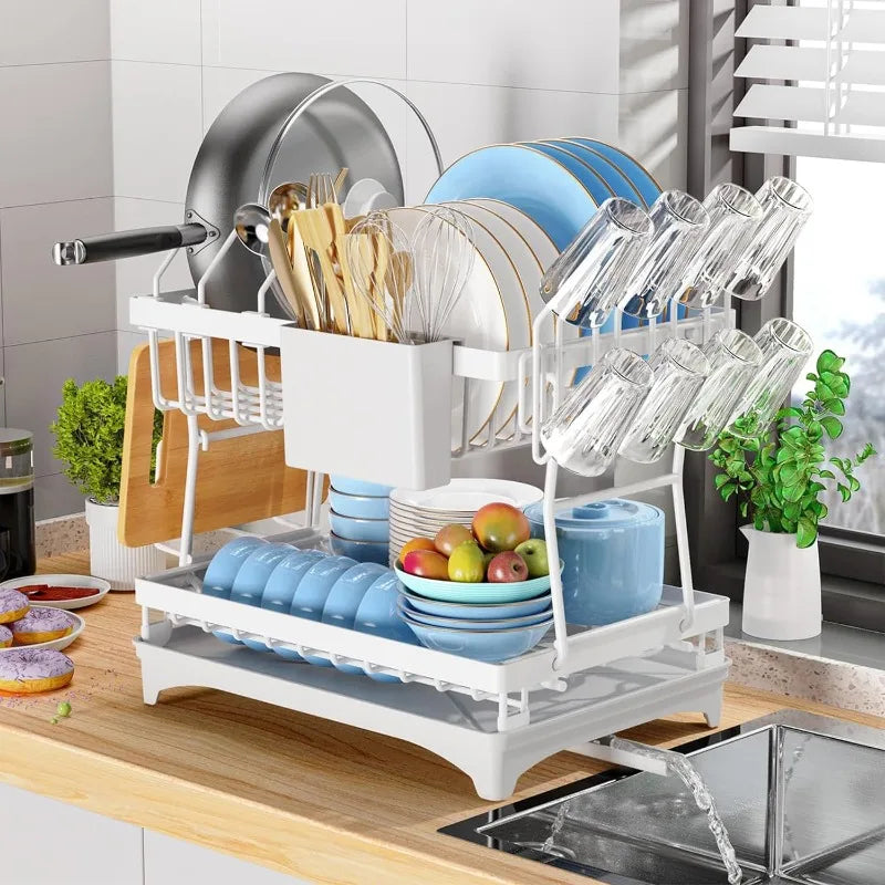 Rustproof Stainless Steel Dish Drying Rack,2 Tier Large Dish Rack for Kitchen Counter,Dish Rack with Drainboard,Utensil Holder