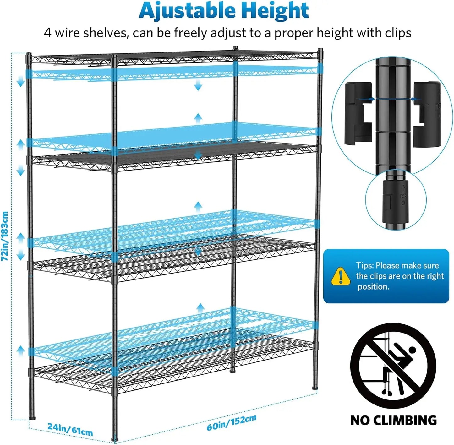 Wire Shelving with 4" Wheels, 2000Lbs Heavy Duty 4-Tier Shelving Metal Shelves, 60x24x72in Steel Wire Storage Shelf Commercial G