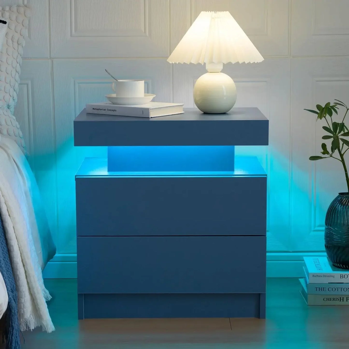 LED Nightstands with 2 Drawers, End Table with RGB LED Lights for Bedroom Living Room, White Bedside Table