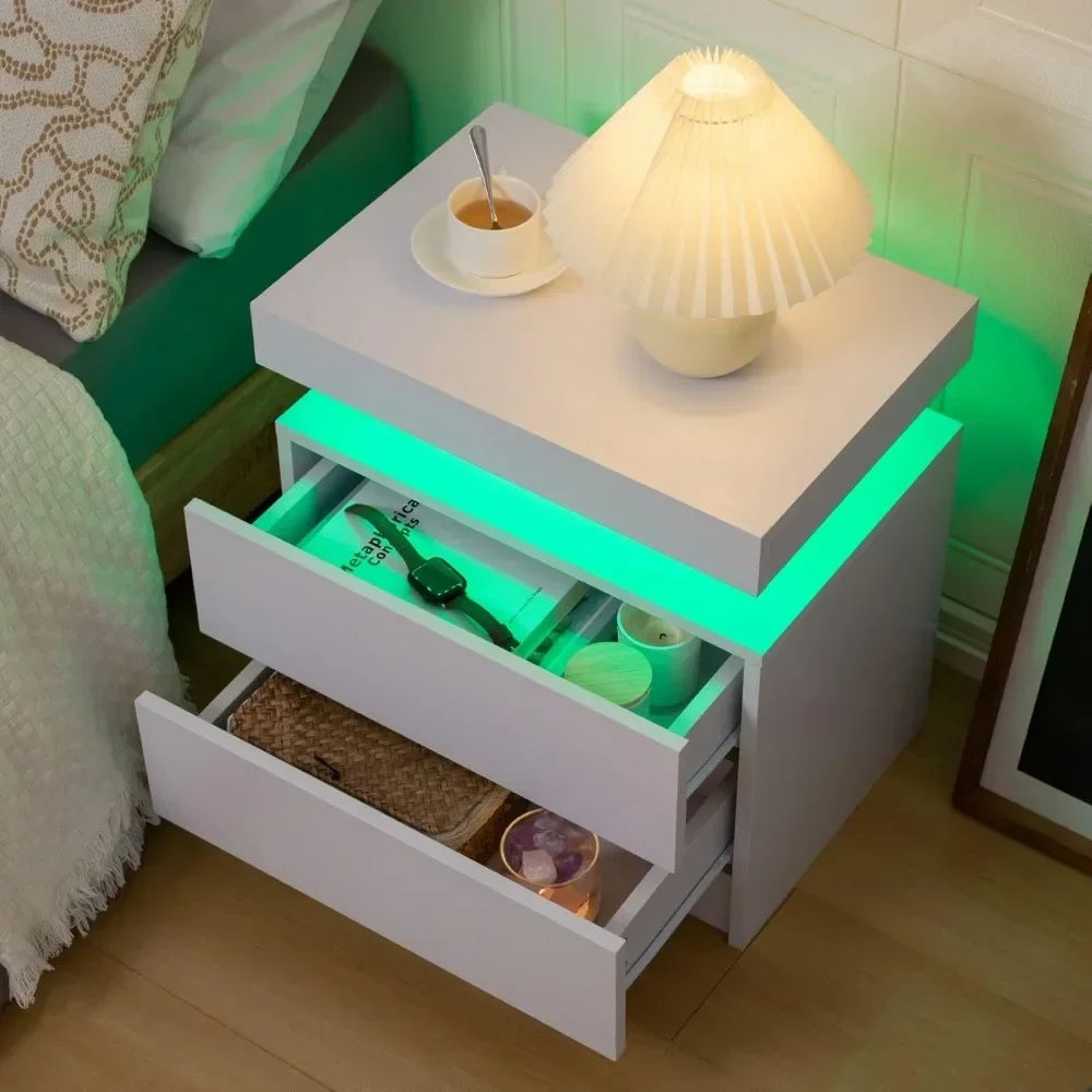 LED Nightstands with 2 Drawers, End Table with RGB LED Lights for Bedroom Living Room, White Bedside Table