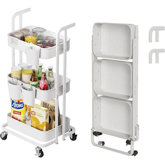 3 Tier White Metal Foldable Rolling Cart. - Two Brothers DIY Store